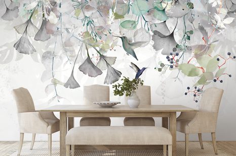 CARTA DA PARATI AUTOADESIVA – FOGLIE CON COLIBRÌ IN GRIGIO-VERDE - CARTA DA PARATI AUTOADESIVE - CARTA DA PARATI