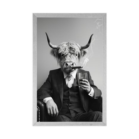 POSTER VACĂ ÎN COSTUM CU ȚIGARĂ ȘI WHISKY - BIVOLI - POSTERE