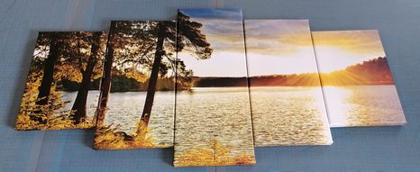 TABLEAU EN 5 PARTIES – COUCHER DE SOLEIL SUR LE LAC - TABLEAUX DE LA NATURE ET DES PAYSAGES - TABLEAUX