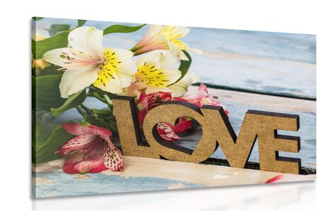 CANVAS PRINT WITH WOODEN INSCRIPTION LOVE - PICTURES WITH INSCRIPTIONS AND QUOTES - PICTURES