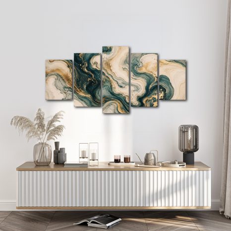 5-DÍLNÝ OBRAZ TYRKYSOVÉ MRAMOROVÉ VLNY SE ZLATEM - MARBLE PICTURES - PICTURES