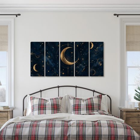 5-TEILIGES WANDBILD GOLDENER MOND ZWISCHEN STERNBILDERN - WANDBILDER MOND - BILDER