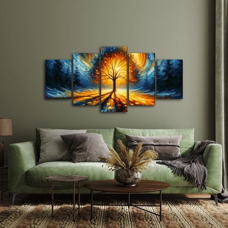 5-DÍLNÝ OBRAZ ZÁŘIVÝ STROM ŽIVOTA V OHNIVÝCH BARVÁCH - OBRAZY STROMY ŽIVOTA - OBRAZY