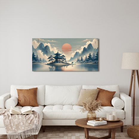 OBRAZ JEZDEC U PAGODY V HORÁCH - OBRAZY VÝCHOD A ZÁPAD SLUNCE - OBRAZY