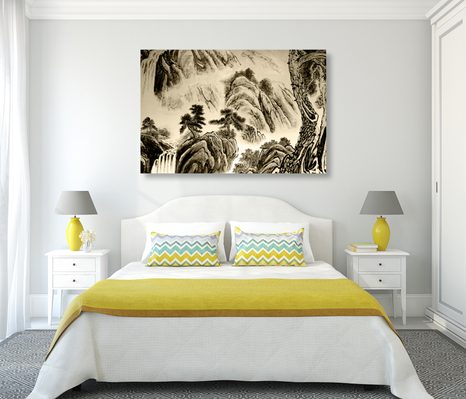 OBRAZ ČÍNSKA KRAJINOMAĽBA V SÉPIOVOM PREVEDENÍ - ČIERNOBIELE OBRAZY - OBRAZY