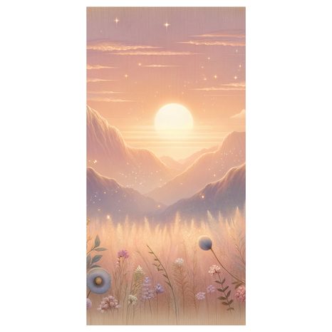 WANDBILD BERGE, BLUMEN UND UNTERGEHENDE SONNE - BILDER VON SONNENAUFGANG UND SONNENUNTERGANG - BILDER