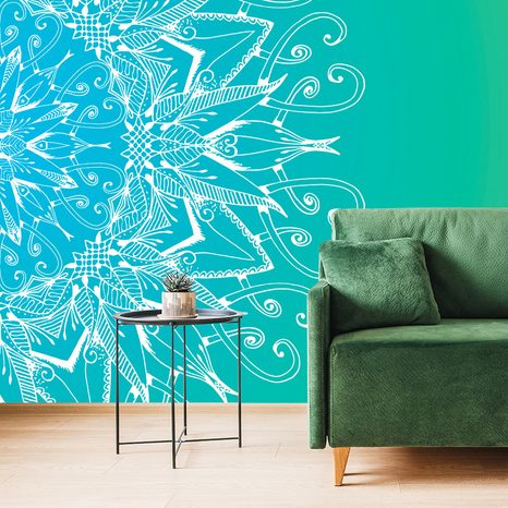 TAPETE WEISSES MANDALA AUF BLAU-GRÜNEM HINTERGRUND - TAPETEN MIT FENG SHUI-MOTIVEN - TAPETEN