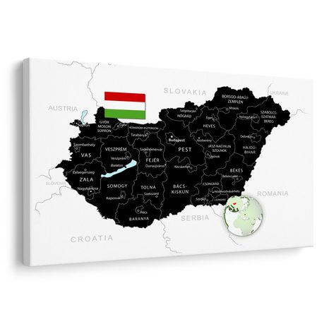 QUADRO SU TELA – MAPPA NERA STILOSA DELL'UNGHERIA - QUADRI MAPPE - STAMPE E QUADRI