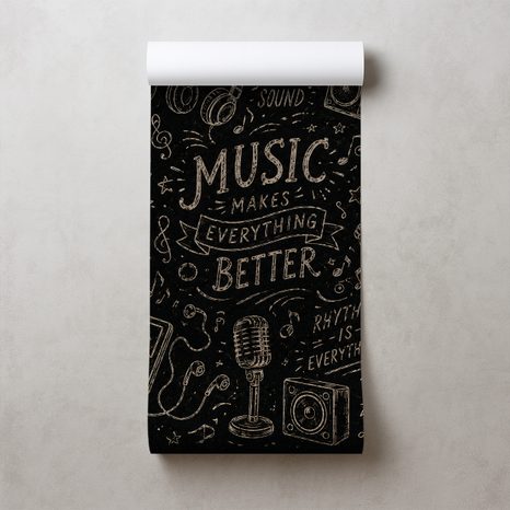 TAPETE MUSIKINSTRUMENTE UND ZITATE AUF SCHWARZ - MUSIK FOTOTAPETEN - TAPETEN