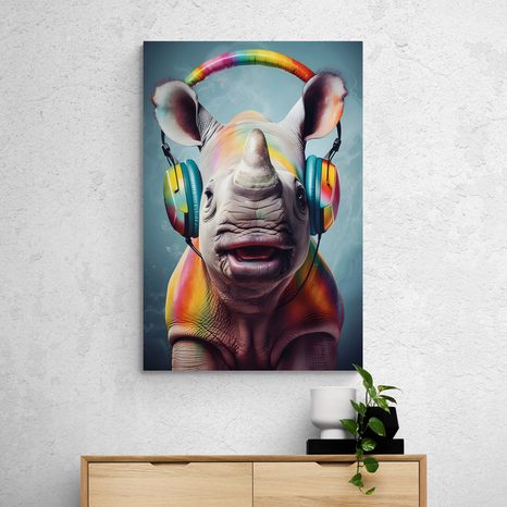STAMPA SU TELA – RINOCERONTE CON CUFFIE - QUADRI DI ANIMALI DA FESTA CON LE CUFFIE - STAMPE E QUADRI