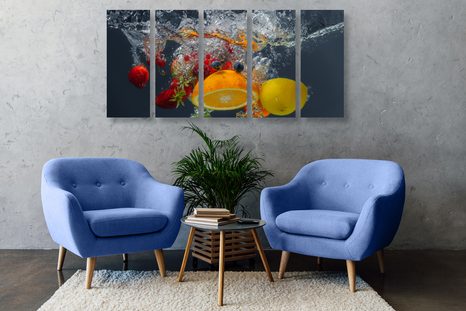 5-TEILIGES WANDBILD OBST IM WASSER - BILDER VON ESSEN UND GETRÄNKEN - BILDER