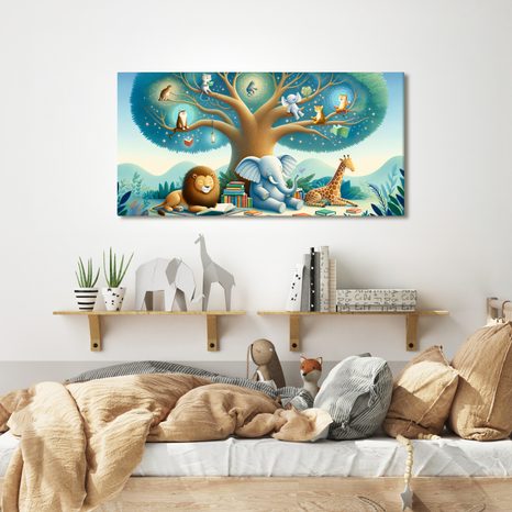 WANDBILD TIERE UNTER DEM BAUM MIT BUCH - KINDERBILDER TIERE - BILDER