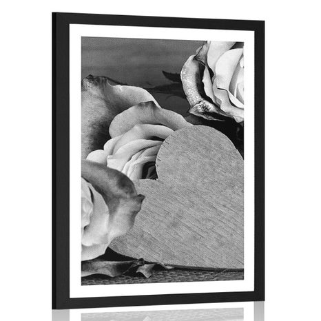 AFFICHE AVEC MONTURE LES ROSES DE LA SAINT-VALENTIN EN NOIR ET BLANC - NOIR ET BLANC - AFFICHES