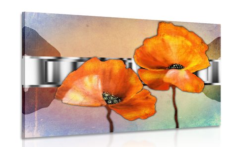 CANVAS PRINT ORANGE POPPY FLOWERS IN ORIENTAL STYLE - PICTURES FLOWERS - PICTURES