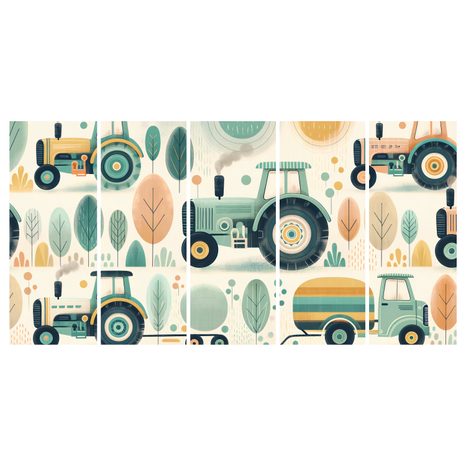 5-TEILIGES WANDBILD BUNTE TRAKTOREN IM WALD - KINDERBILDER VERKEHRSMITTEL - BILDER