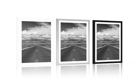 POSTER WITH MOUNT BLACK AND WHITE ROAD IN THE DESERT - BLACK AND WHITE - POSTERS