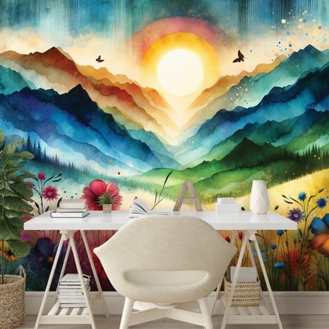 TAPETA BAREVNÁ HORSKÁ KRAJINA S KVĚTINAMI - TAPETY HORY - TAPETY