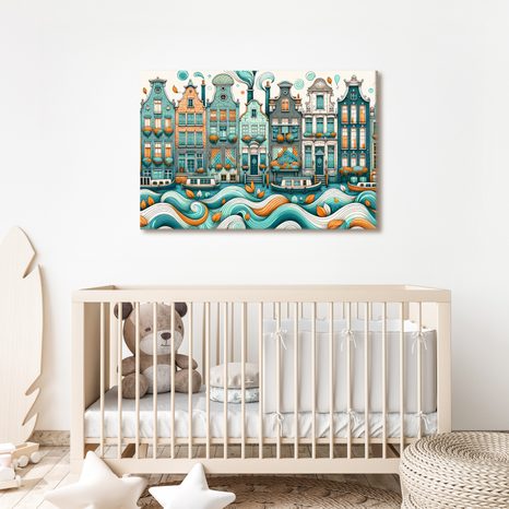 TABLOU CASE COLORATE LÂNGĂ UN CANAL ONDULAT - TABLOURI CU ORAȘE - TABLOURI