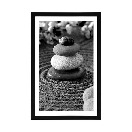 POSTER WITH MOUNT PYRAMID OF ZEN STONES IN BLACK AND WHITE - BLACK AND WHITE - POSTERS