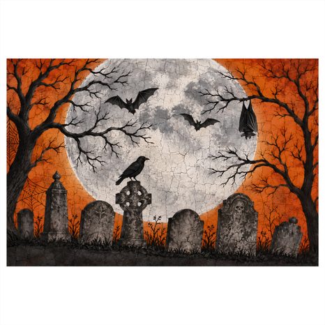 WANDBILD GEHEIMNISVOLLER FRIEDHOF UNTER VOLLMOND - HALLOWEEN- UND HORROR-BILDER - BILDER
