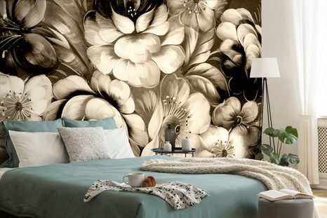 CARTA DA PARATI – FIORI IN SEPPIA - CARTA DA PARATI BIANCO E NERO - CARTA DA PARATI