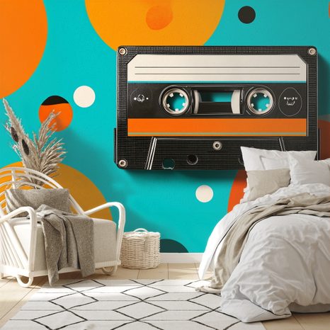 FOTOTAPETE RETRO-KASSETTE AUF BUNTEN KREISEN - MUSIK FOTOTAPETEN - TAPETEN