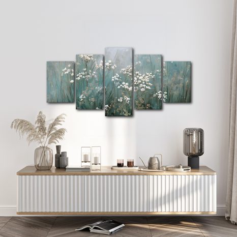 5-TEILIGES WANDBILD BLUMENFELD IM NEBEL - BILDER BLUMEN - BILDER