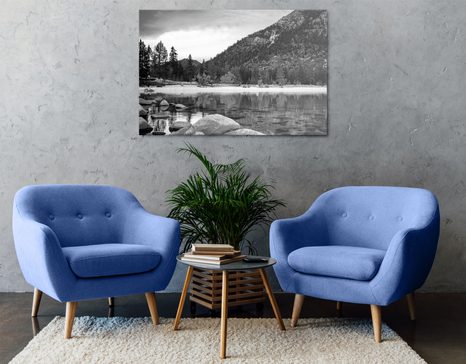 WANDBILD SEE IN WUNDERSCHÖNER NATUR IN SCHWARZ-WEISS - SCHWARZ-WEISSE BILDER - BILDER
