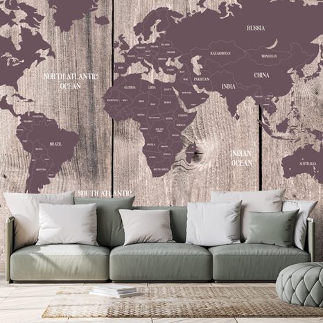 SELF ADHESIVE WALLPAPER BROWN-PURPLE MAP ON A WOODEN BACKGROUND - SELF-ADHESIVE WALLPAPERS - WALLPAPERS