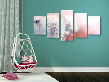 TABLOU 5-PIESE PĂPĂDIE CU ELEMENTE ABSTRACTE - TABLOU FLORI - TABLOURI