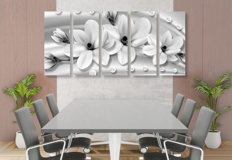 QUADRI 5 PEZZI – MAGNOLIA DI LUSSO CON PERLE IN BIANCO E NERO - QUADRI BIANCO E NERO - STAMPE E QUADRI