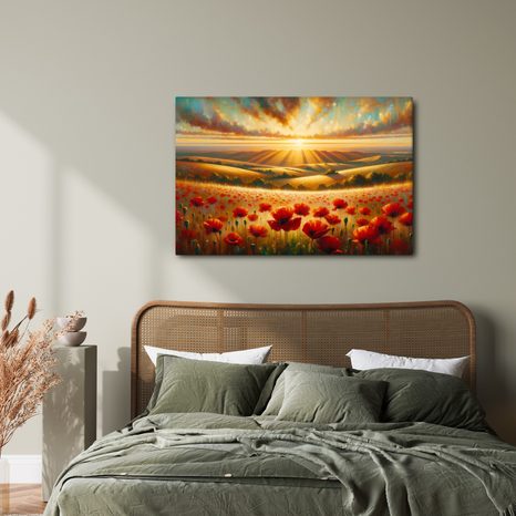 WANDBILD SONNENUNTERGANG ÜBER MOHNFELD - BILDER VON SONNENAUFGANG UND SONNENUNTERGANG - BILDER