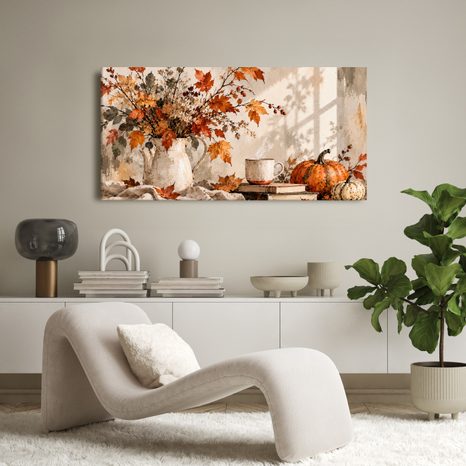 QUADRO SU TELA – CALDA COMPOSIZIONE AUTUNNALE CON LIBRI - QUADRI DI NATURE MORTE - STAMPE E QUADRI