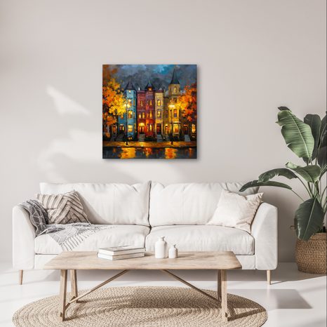 WANDBILD HERBSTLICH BELEUCHTETE STADT - BUNTE HÄUSER - BILDER