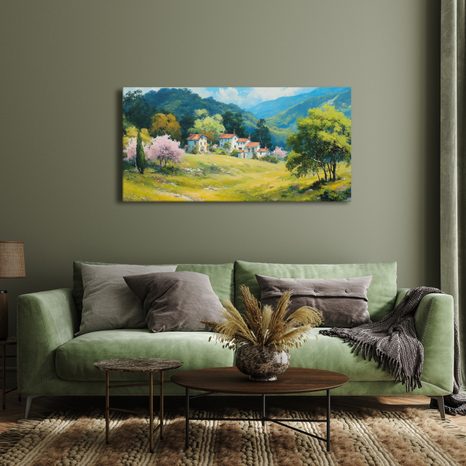 OBRAZ ROZKVETLÉ STROMY A HORY - BAREVNÉ DOMY - OBRAZY