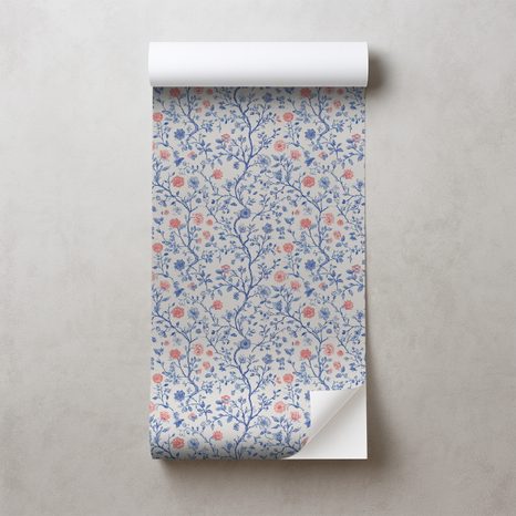 SAMOLEPÍCÍ TAPETA MODRÉ A RŮŽOVÉ KVĚTINOVÉ VĚTVIČKY - VZOROVANÉ TAPETY - TAPETY