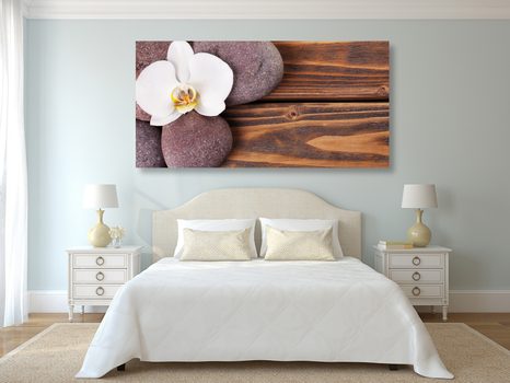OBRAZ WELLNES KAMENY A ORCHIDEJ NA DŘEVĚNÉM POZADÍ - OBRAZY FENG SHUI - OBRAZY