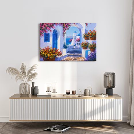 TABLEAU SUR TOILE – COIN MÉDITERRANÉEN À DÔME BLEU - TABLEAUX DE LA VILLE - TABLEAUX