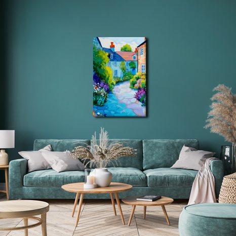 OBRAZ MALEBNÁ VESNICE S KVĚTINAMI - BAREVNÉ DOMY - OBRAZY