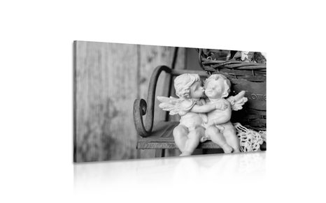 TABLOU STATUETE DE ÎNGERI PE BANCĂ ÎN DESIGN ALB-NEGRU - TABLOURI ALB-NEGRU - TABLOURI