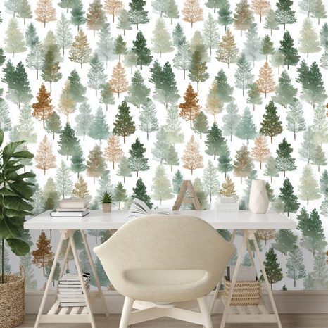 TAPETE BUNTE WALDBAUMLANDSCHAFT - GEMUSTERTE TAPETEN - TAPETEN