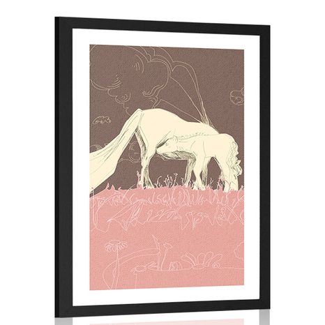 POSTER WITH PASSEPARTOUT HORSE ON A PINK MEADOW