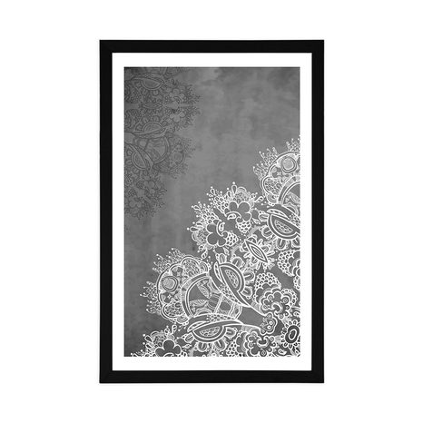 PLAKÁT S PASPARTOU PRVKY KVĚTINOVÉ MANDALY V ČERNOBÍLÉM PROVEDENÍ - FENG SHUI - PLAKÁTY