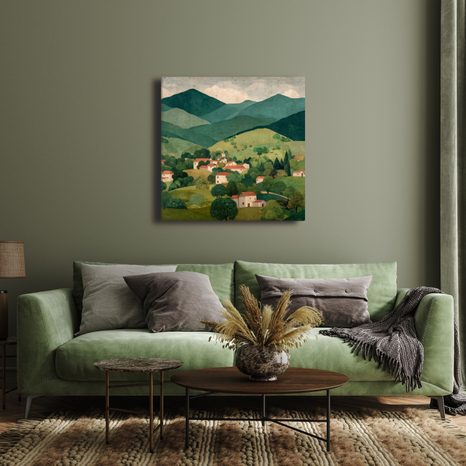 WANDBILD GRÜNE HÜGEL UND HÄUSER - BUNTE HÄUSER - BILDER