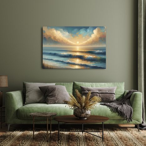 WANDBILD GOLDENER SONNENAUFGANG ÜBER DEM MEER - BILDER VON SONNENAUFGANG UND SONNENUNTERGANG - BILDER