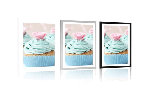 POSTER MIT PASSEPARTOUT BUNTE SÜSSE CUPCAKES - MIT KÜCHENMOTIV - POSTER