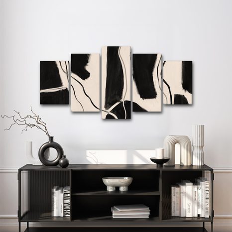 TABLEAU EN 5 PARTIES – LIGNES NOIRES ABSTRAITES - IMAGES FORMES ABSTRAITES - TABLEAUX