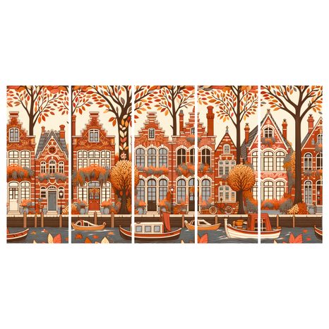 5-TEILIGES WANDBILD HERBST AM KANAL MIT HISTORISCHEN HÄUSERN - BILDER VON STÄDTEN - BILDER