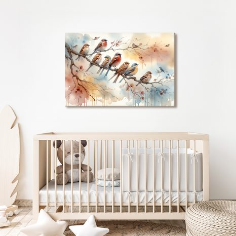 QUADRO SU TELA – STORMO DI UCCELLI SUL RAMO - QADRI DI UCCELLI - STAMPE E QUADRI
