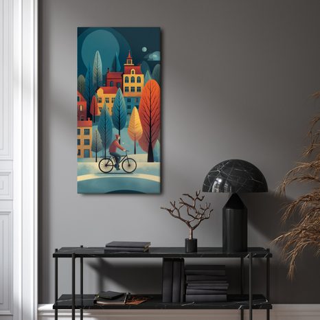 OBRAZ CYKLISTA V ZIMNÍM MĚSTĚ - VÁNOČNÍ A ZIMNÍ OBRAZY - OBRAZY